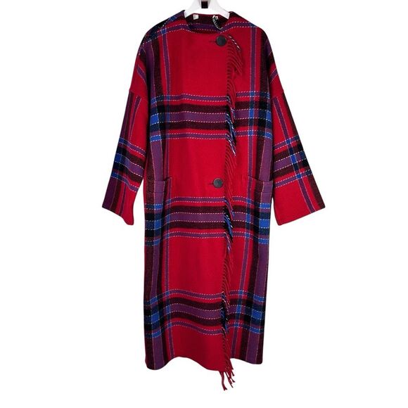 Gallery Brand Wool Long Blanket Coat Red Plaid - Picture 1 of 14
